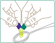 Graphic depicting the opening of a capsule with its contents being emptied onto a spoon