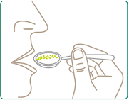 Graphic depicting the patient raising the spoon to an open mouth